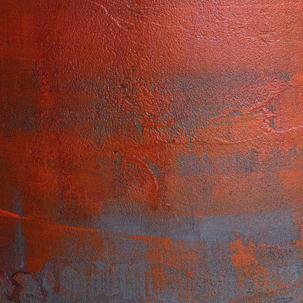 An abstract texture of Van Roosberg stool featuring a rich, warm rust-orange and terracotta color palette with textured gray and charcoal brushstrokes. Finished with highest quality micro-cement Mortex.